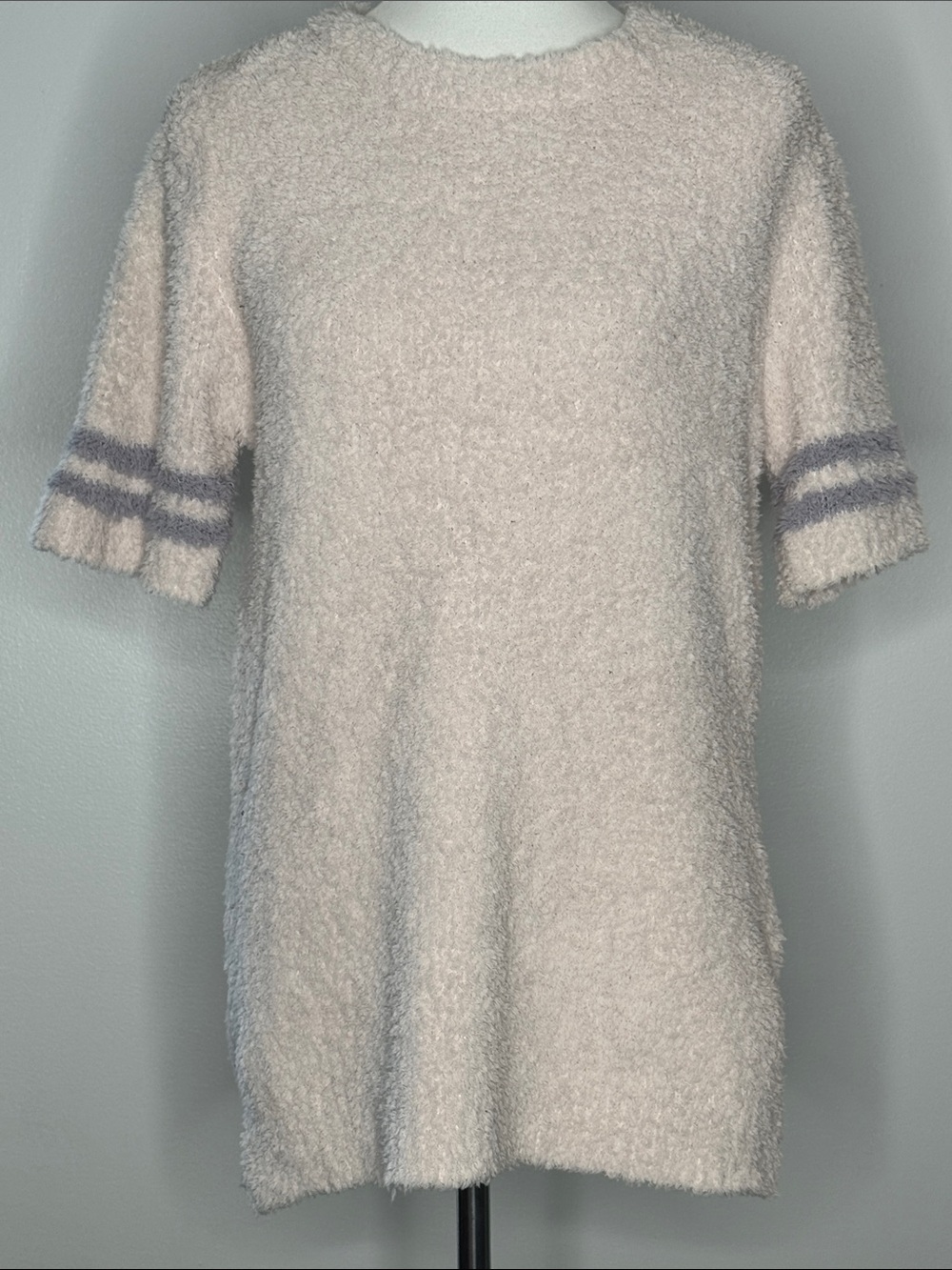 POL Bouclé Short Sleeve Sweater Top in Light Pink with Gray Stripes